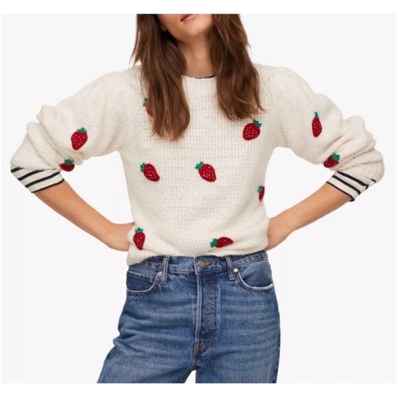 MNG Mango Strawberry Appliqué Sweater Size Small Cream Knit Puff Sleeve Acrylic - Picture 1 of 9
